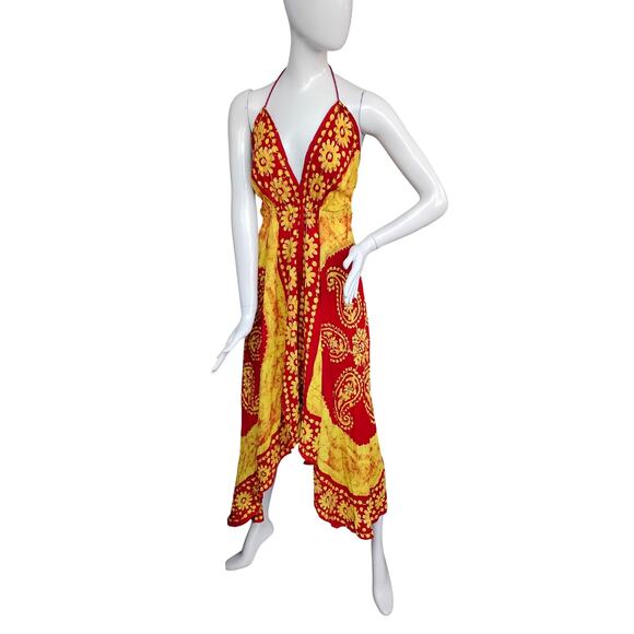 Bohemian Ethnic Inspired Maxi Dress One Size Yellow and Red Halter Low Back - Picture 3 of 12